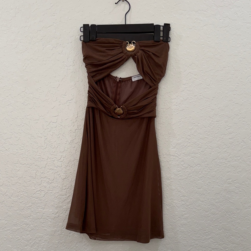 Strapless Brown Cutout Dress with Gold Ring Accents